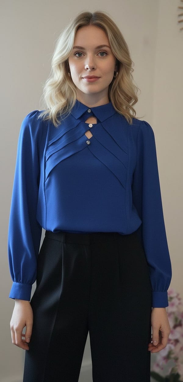 Blouse élégante bleue boutons strass Blouse élégante bleue boutons strass