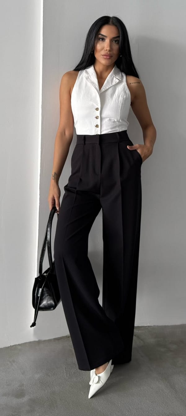 Pantalon taille haute face entiere Pantalon femme Palazzo chic taille haute noir