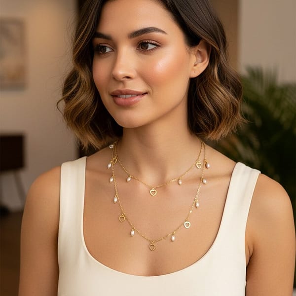 collier double cœurs et perles acier inoxydable collier double cœurs et perles acier inoxydable