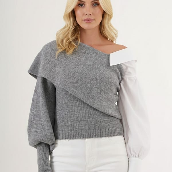 Pull asymétrique maille & chemise – Réversible, épaule dévoilée Pull asymétrique maille & chemise – Réversible, épaule dévoilée