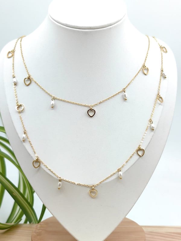 collier-double-avec-coeur-et-perle-en-acier-inoxydable Collier double cœurs et perles en acier inoxydable