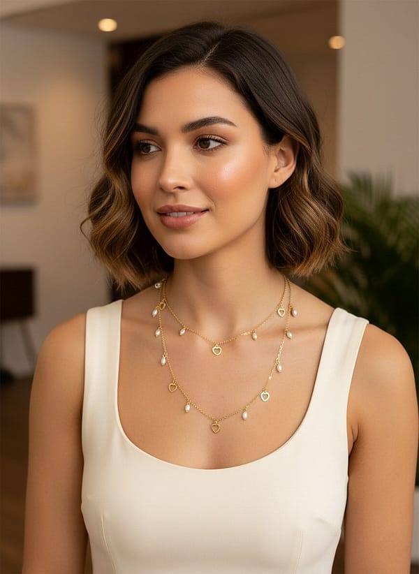 collier double cœurs et perles acier inoxydable collier double cœurs et perles acier inoxydable