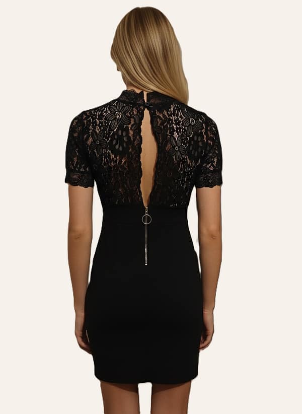 Robe noire courte dentelle florale dos ajouré fermeture zip Robe noire courte dentelle florale dos ajouré fermeture zip