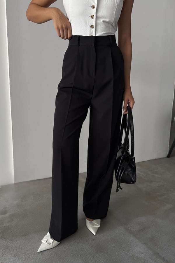 Pantalon taille haute face Pantalon femme Palazzo chic taille haute noir