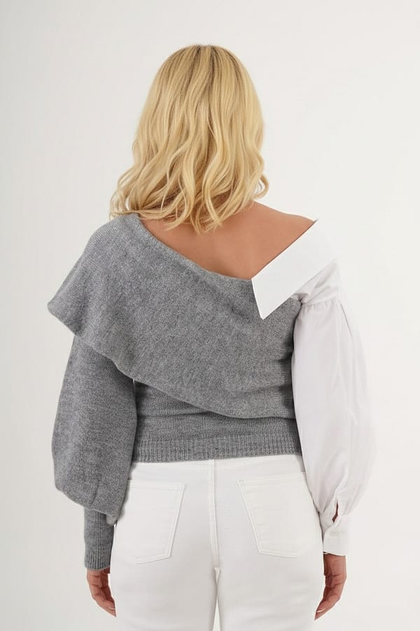 Pull asymétrique maille & chemise – Réversible, épaule dévoilée Pull asymétrique maille & chemise – Réversible, épaule dévoilée
