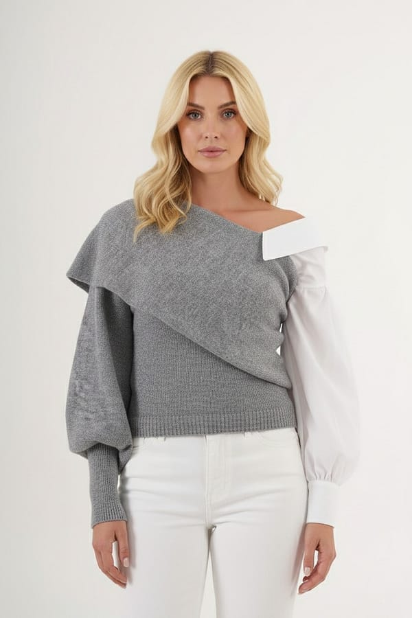 Pull asymétrique maille & chemise – Réversible, épaule dévoilée Pull asymétrique maille & chemise – Réversible, épaule dévoilée